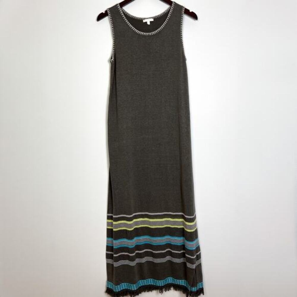 Lisa Todd Dress Size M Grey Sleeveless Linen Cotton Blend Maxi Striped Hem